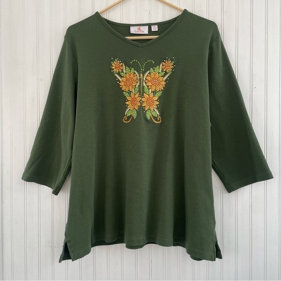 Quacker Factory Green Embroidered Floral Butterfly Long Sleeve Tee Size XL - Picture 1 of 7